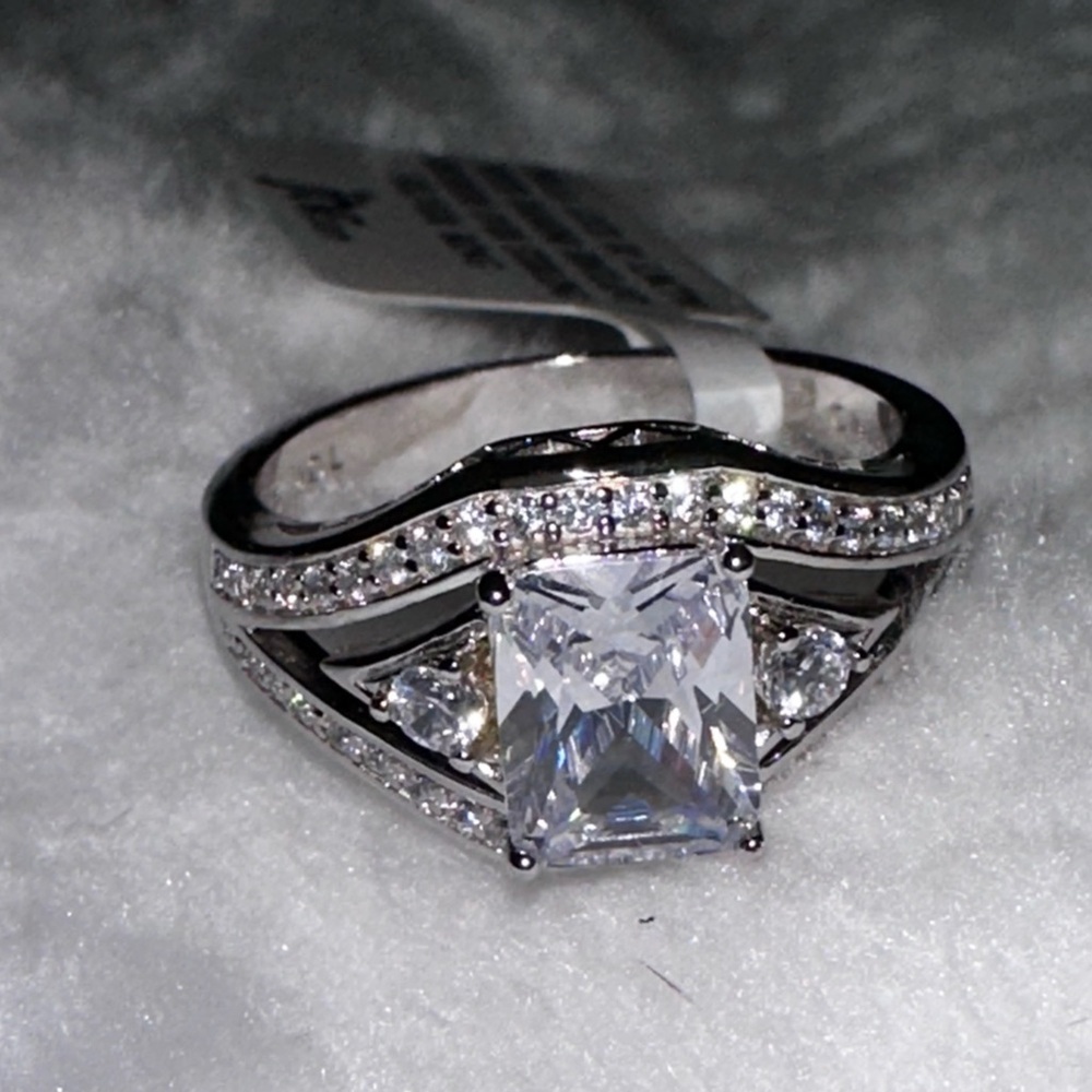 Engagement 5.3 ct lab diamond emerald cut style sterling silver band